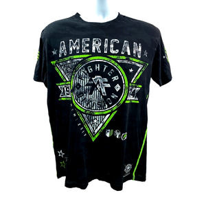 American Fighter Mens Size Medium Black Green White Sleeve Tee T-shirt Buckle